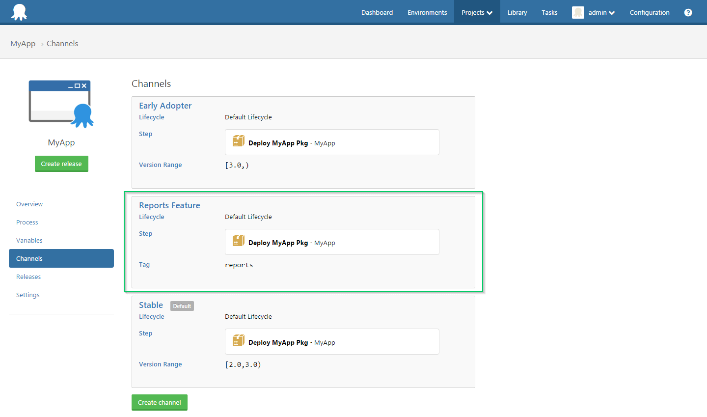 A channel used for feature branch releases
