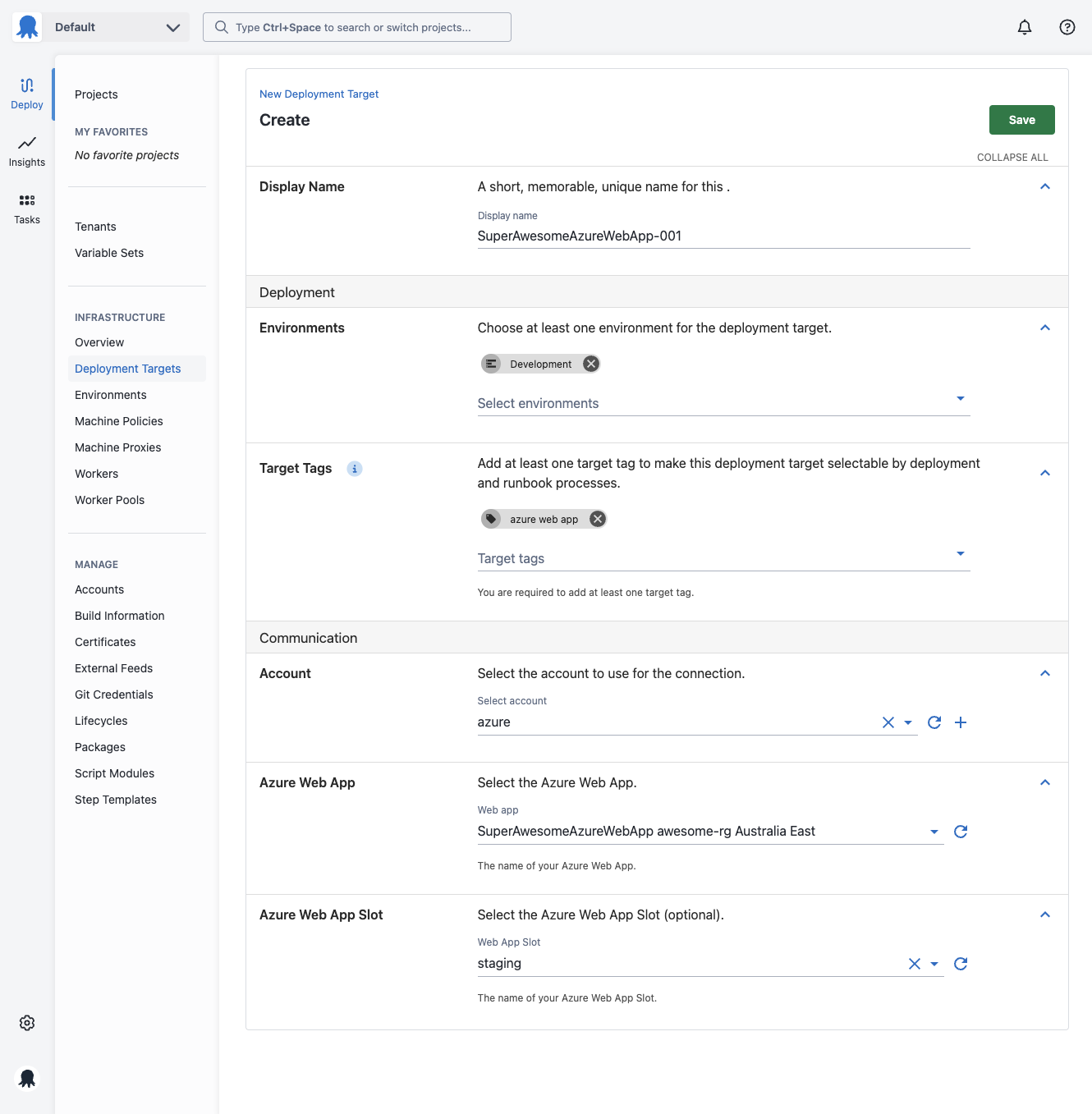 Creating an Azure Web App target